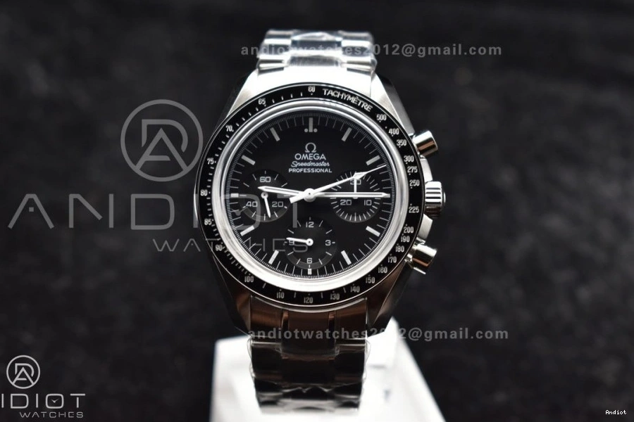 OMF on Manual Sapphire SS Transparent Winding Black with SS MoonWatch Movement Dial Chrono Speedmaster Bracelet Back Crystal 0401